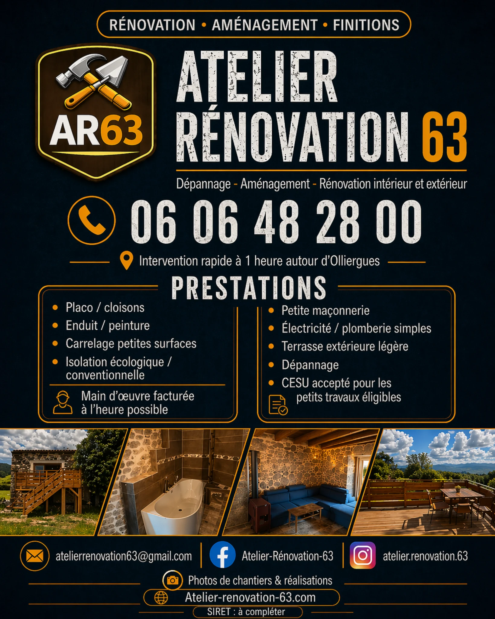 Flyer Atelier Rénovation 63 avec prestations et coordonnées