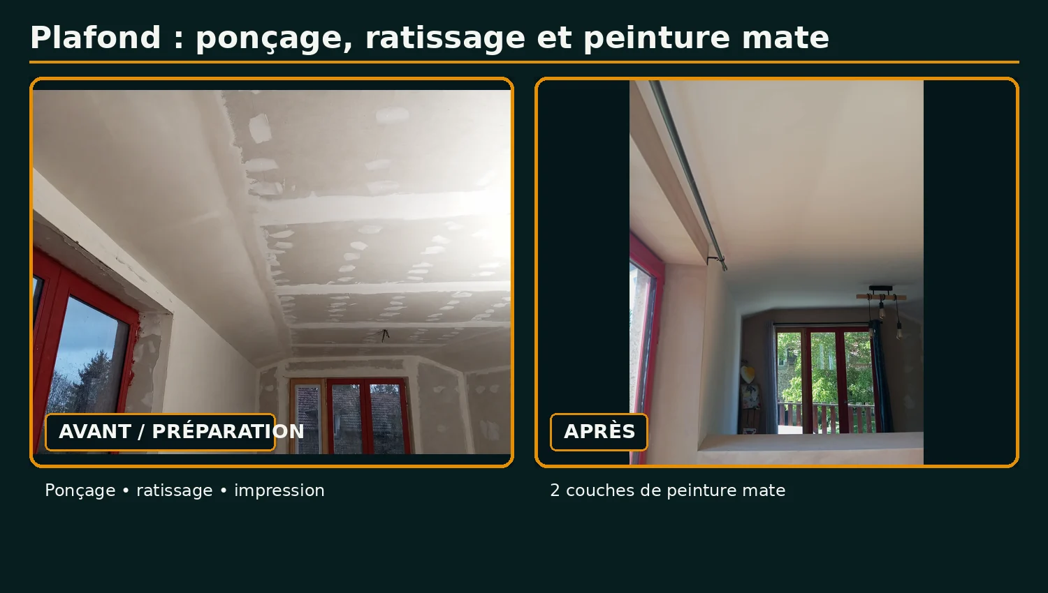 Avant et après d’un plafond préparé, ratissé puis peint en mat